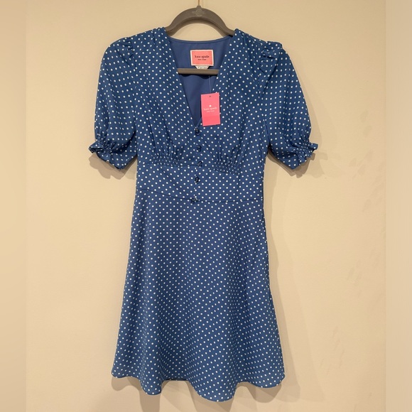 NWT Kate spade blue and white polka dot puff sleeve a-line short mini dress
